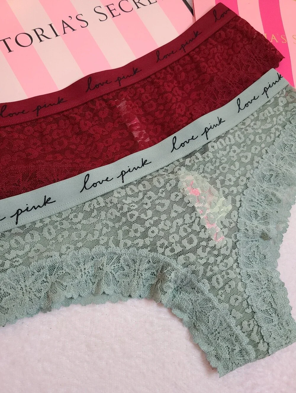 VS PINK 2pk Leopard Lace Logo Band Low Rise Cheekster Panties Size M